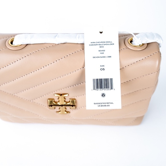 NWT Tory Burch Small KIRA Chevron Shoulder Nappa Leather Bag Devon Sand $548 - Picture 10 of 13